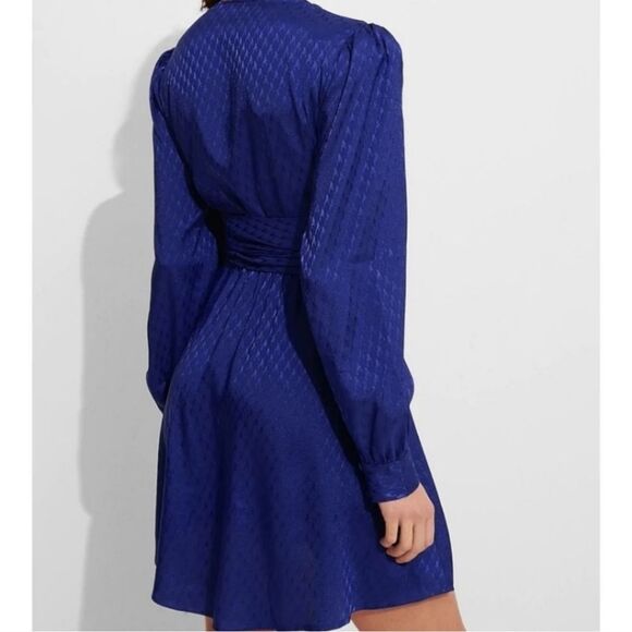 Express Royal Blue Jacquard Satin Tie Waist  Long Sleeve Mini Dress Size Small - Picture 11 of 13